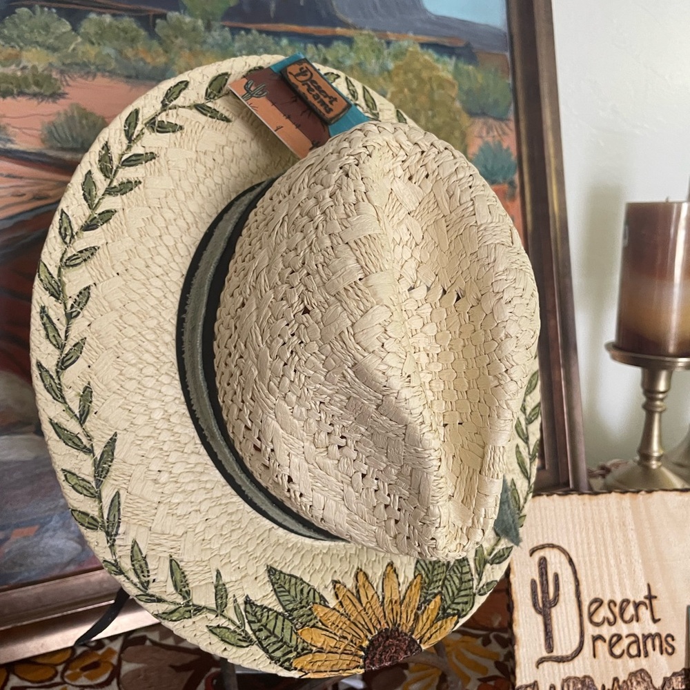 Desert Dreams Straw Hat with Sunflower Design. Hand painted one of a kind.